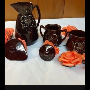 1950s Japan Redware Moriage 3 Piece